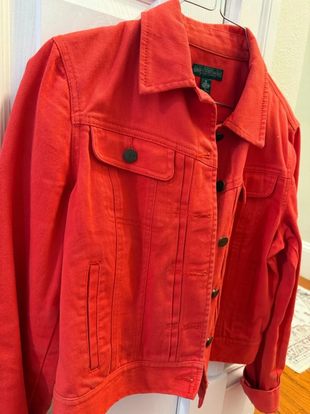 Red Orange Women's Denim Jacket - Classic Button-Up Style - Picture 2 of 4